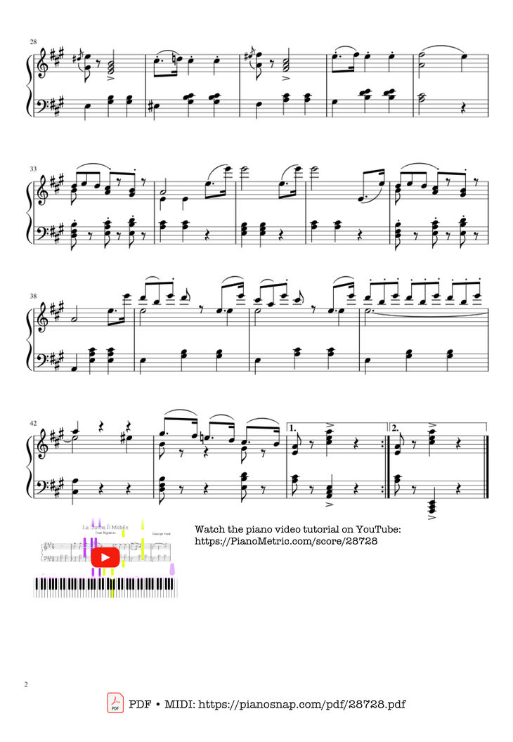 Page 2 of the piano sheet music PDF Piano - La Donna È Mobile Piano by Giuseppe Verdi