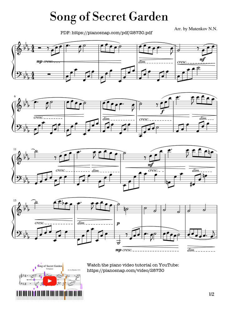 Sheet music preview — Song Of Secret Garden Piano