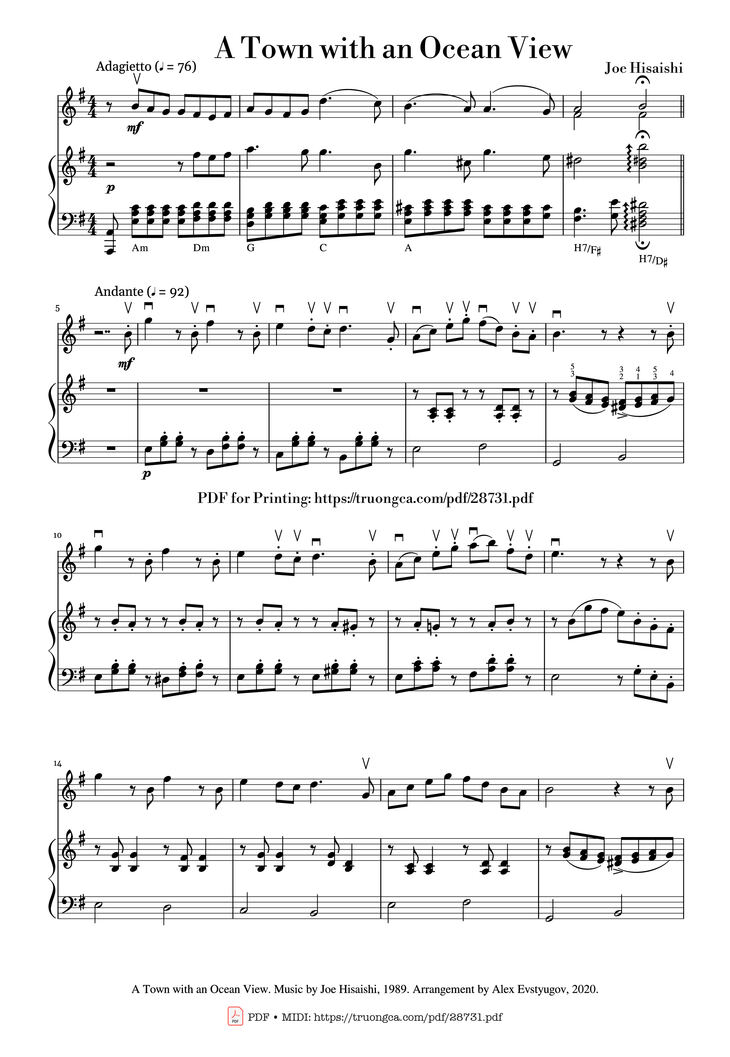 Page 1 of the piano sheet music PDF - A Town with an Ocean View (Violin & Piano) by Joe Hisaishi