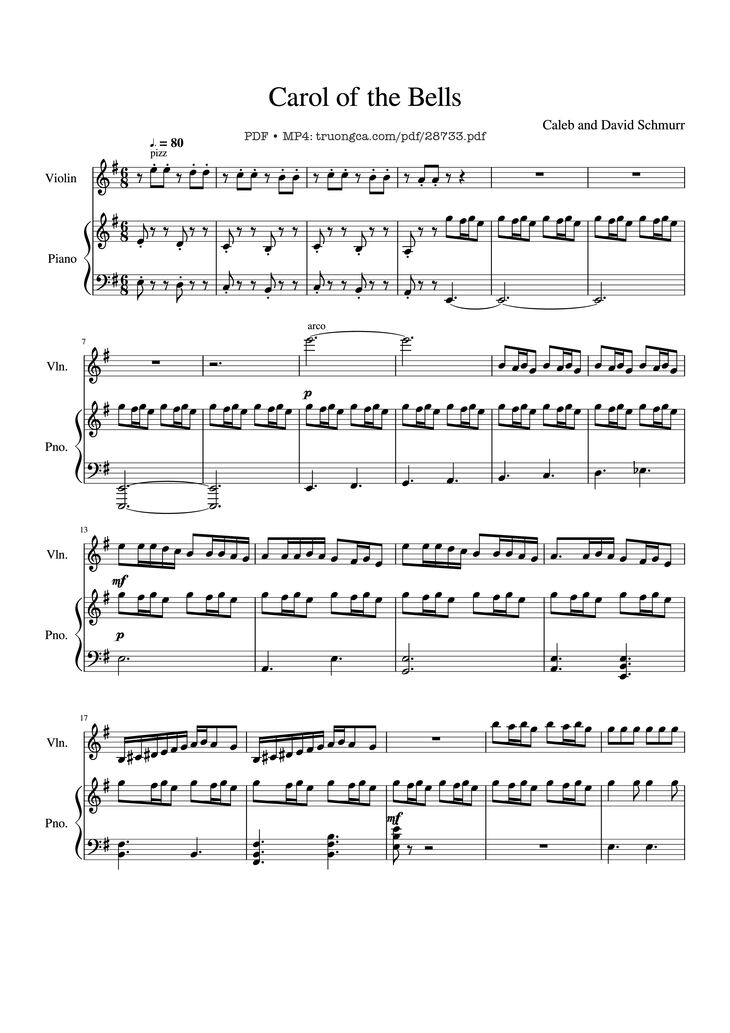 Page 1 of the piano sheet music PDF Piano - Carol of the Bells Piano & Violin by Ukrainian