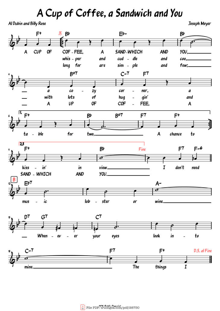 Page 1 of the piano sheet music PDF - A Cup of Coffee, a Sandwich and You by Joseph Meyer