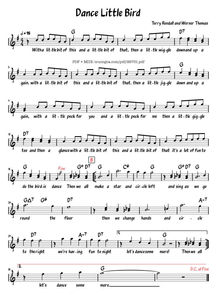 Page 1 of the piano sheet music PDF - Dance Little Bird by Terry Rendall