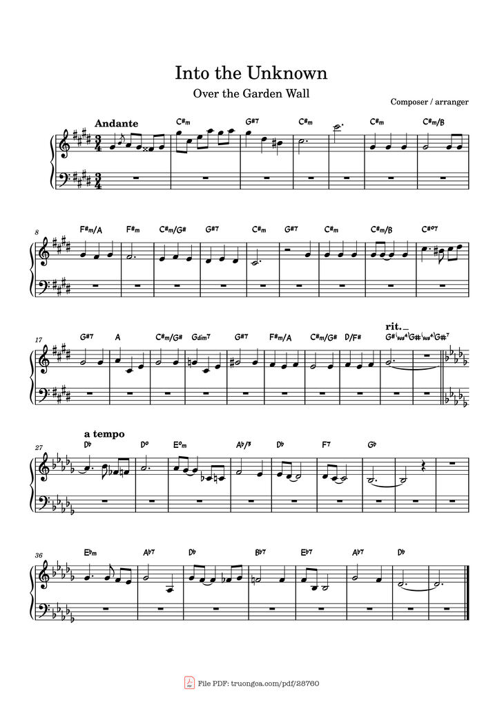 Page 1 of the piano sheet music PDF Piano - Into the Unknown Piano by Composer / arranger
