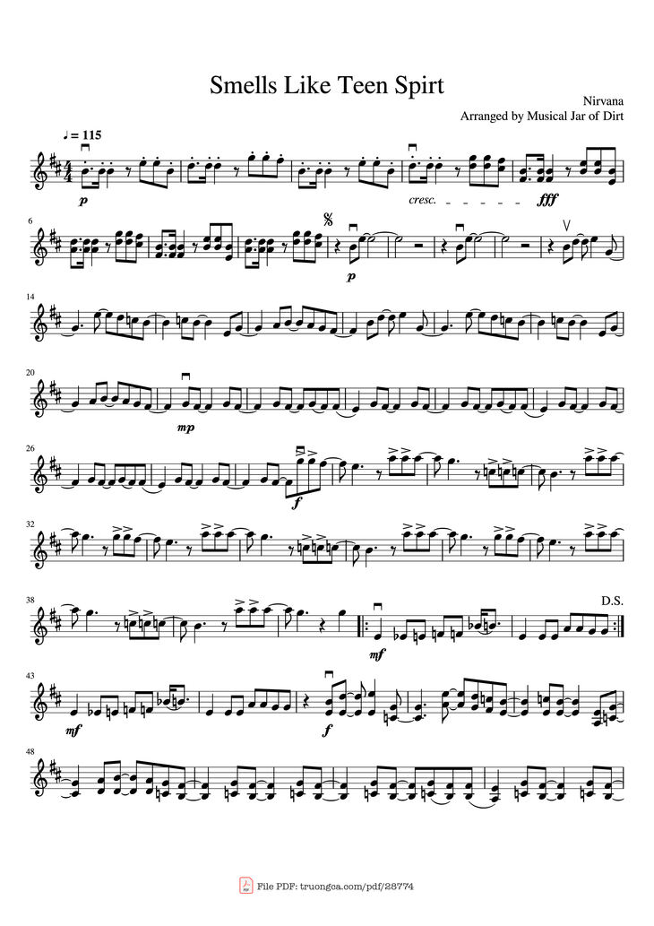 Page 1 of the piano sheet music PDF - Smells Like Teen Spirt Violin by Nirvana Arranged by Musical Jar of Dirt