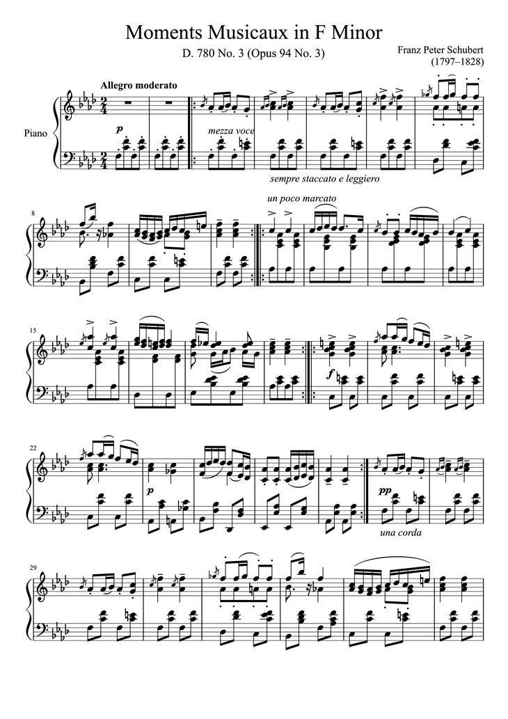 Page 1 of the piano sheet music PDF Piano - Moments Musicaux in F Minor Piano by Franz Peter Schubert