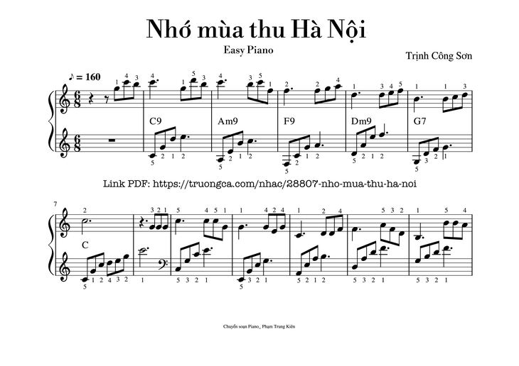 Page 1 of the piano sheet music PDF - Nhớ mùa thu Hà Nội (Piano dễ tập) by Trịnh Công Sơn (piano Phạm Trung Kiên)