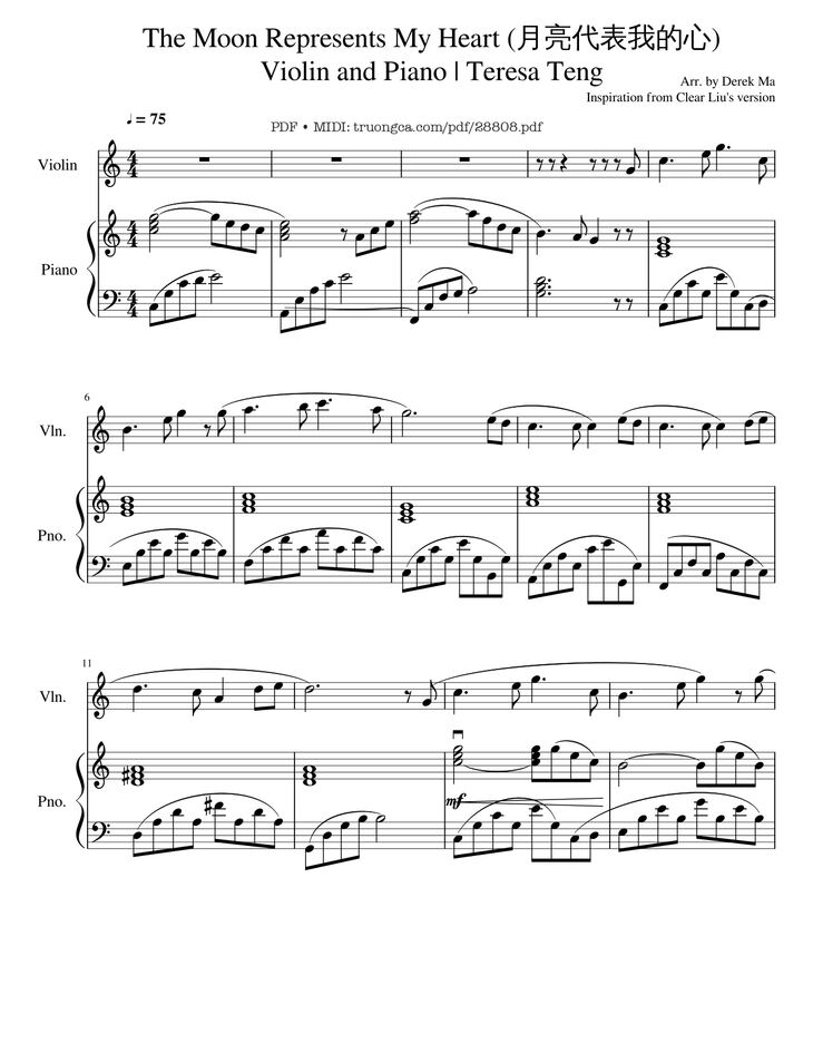 Page 1 of the piano sheet music PDF Piano - The Moon Represents My Heart (月亮代表我的心) Ánh trăng nói hộ lòng tôi Violin and Piano by Teresa Teng