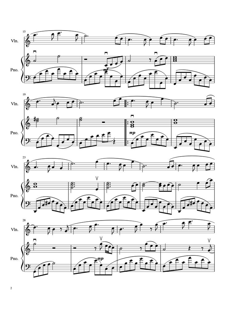 Page 2 of the piano sheet music PDF Piano - The Moon Represents My Heart (月亮代表我的心) Ánh trăng nói hộ lòng tôi Violin and Piano by Teresa Teng