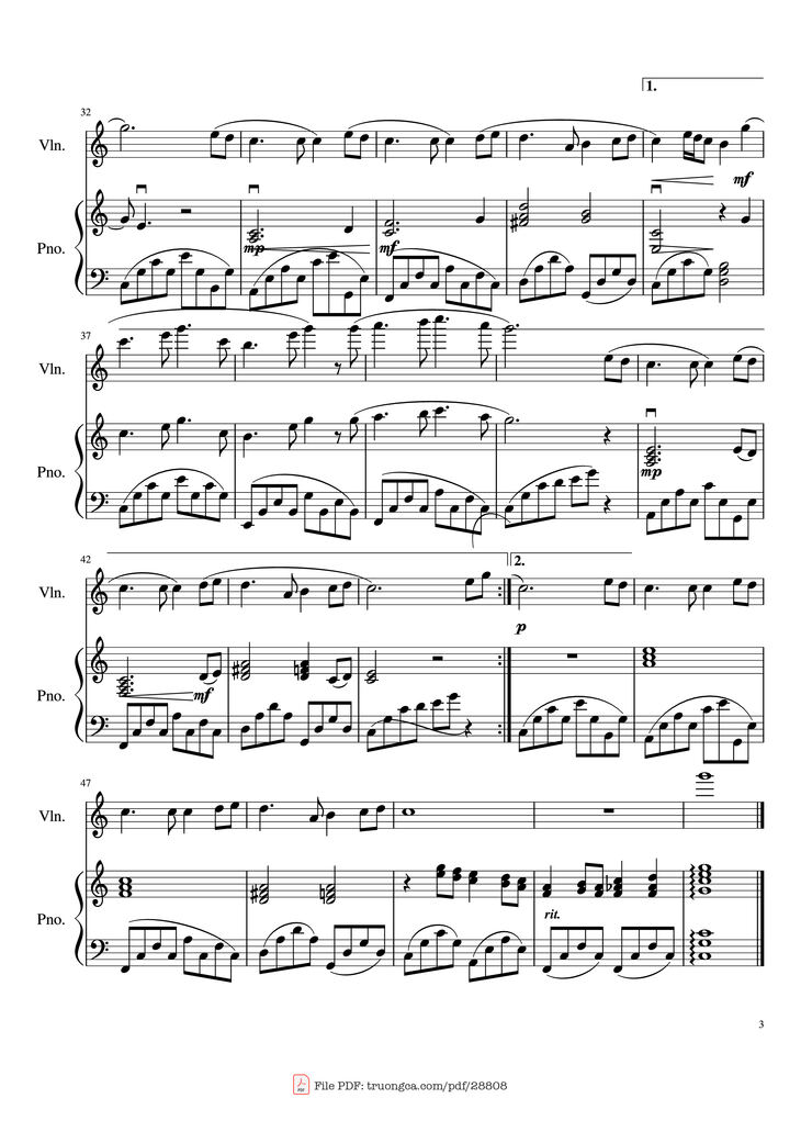 Page 3 of the piano sheet music PDF Piano - The Moon Represents My Heart (月亮代表我的心) Ánh trăng nói hộ lòng tôi Violin and Piano by Teresa Teng