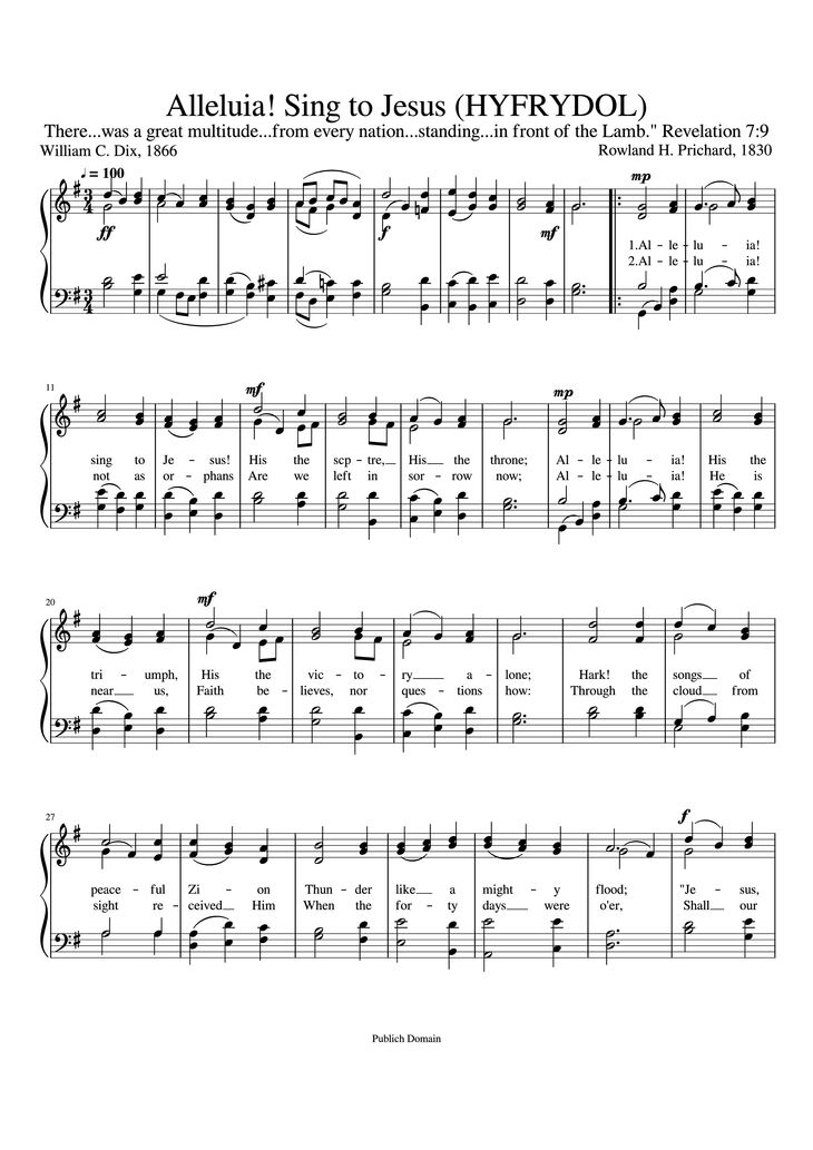 Page 1 of the piano sheet music PDF - Alleluia! Sing to Jesus (HYFRYDOL) by Rowland H. Prichard