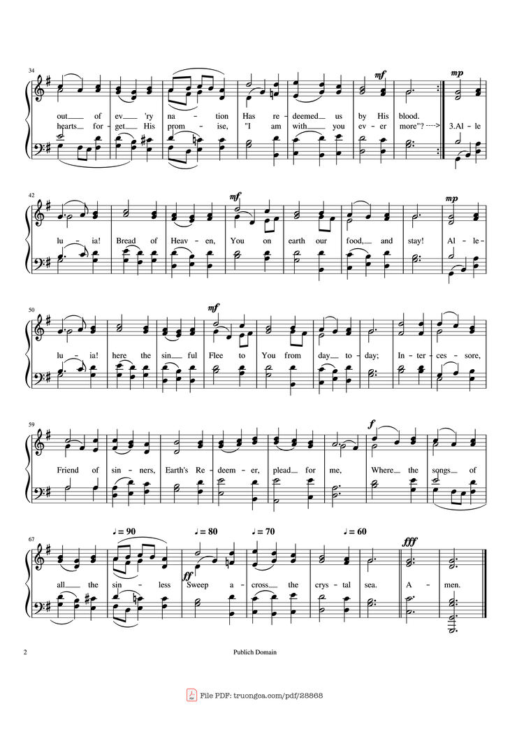 Page 2 of the piano sheet music PDF - Alleluia! Sing to Jesus (HYFRYDOL) by Rowland H. Prichard