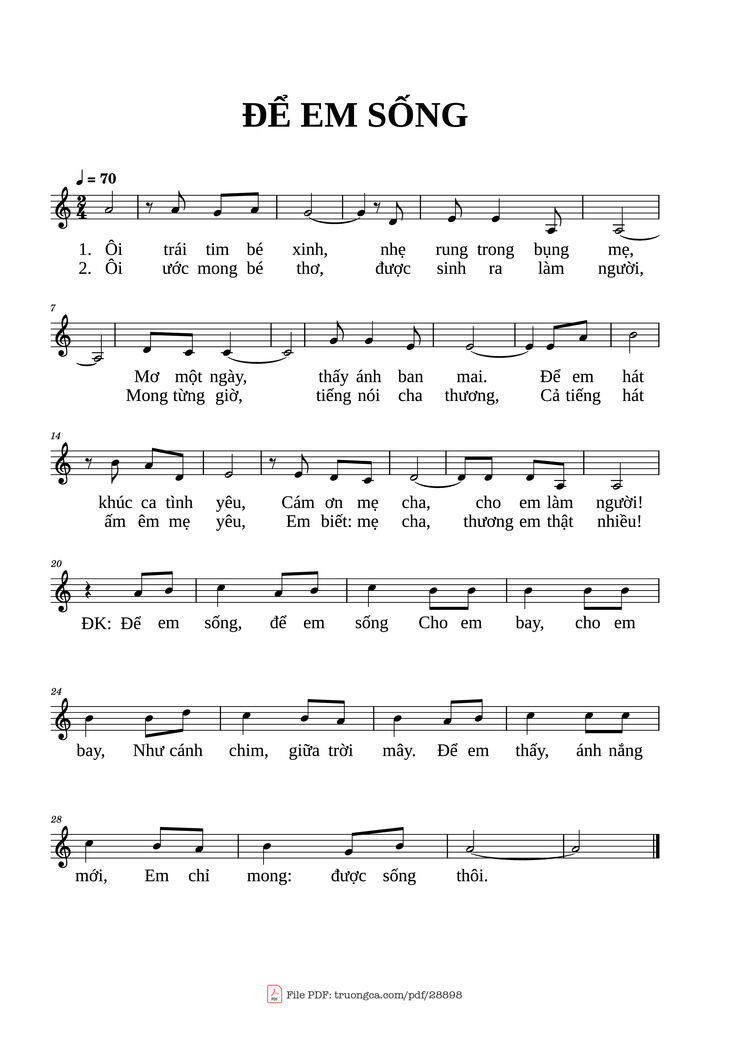 Page 1 of the piano sheet music PDF - Để em sống by Composer