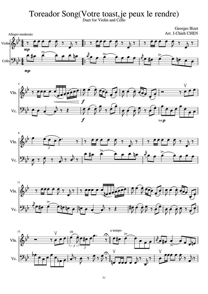 Page 1 of the piano sheet music PDF Piano - Toreador Song(Votre toast,je peux le rendre) Duet for Violin and Cello Piano by Georges Bizet