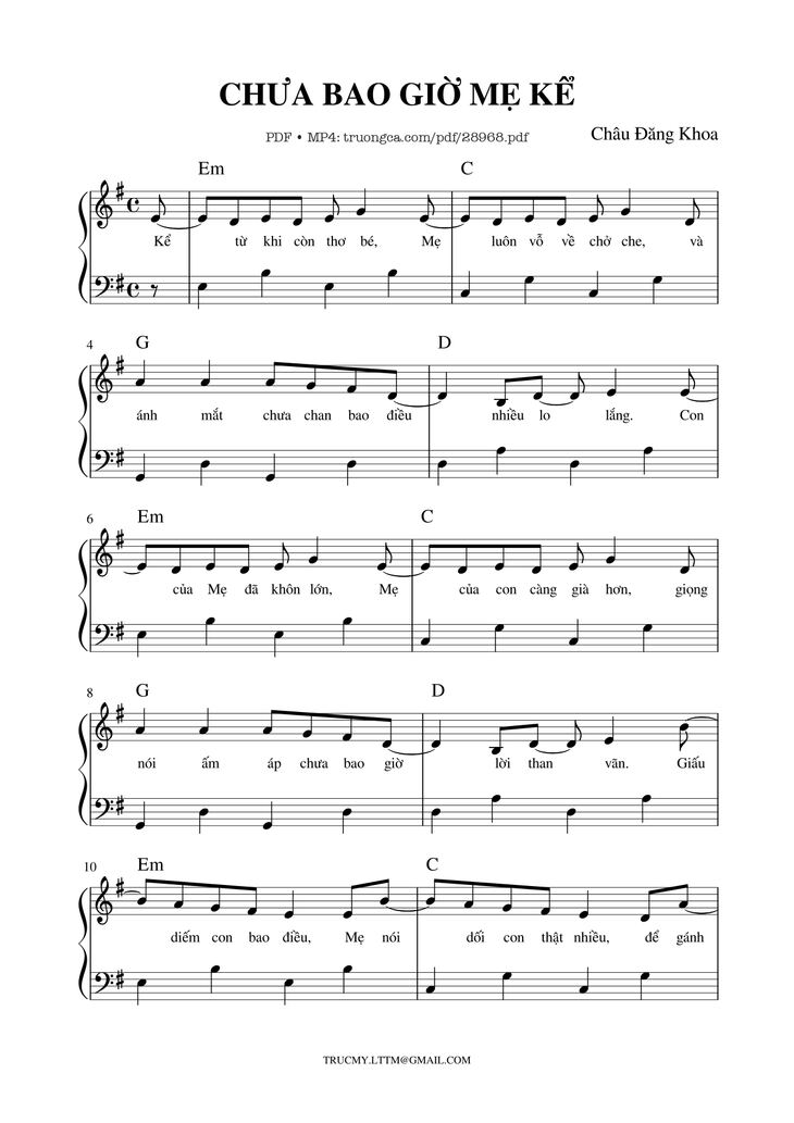 Page 1 of the piano sheet music PDF Piano - Chưa bao giờ mẹ kể Piano by Châu Đăng Khoa
