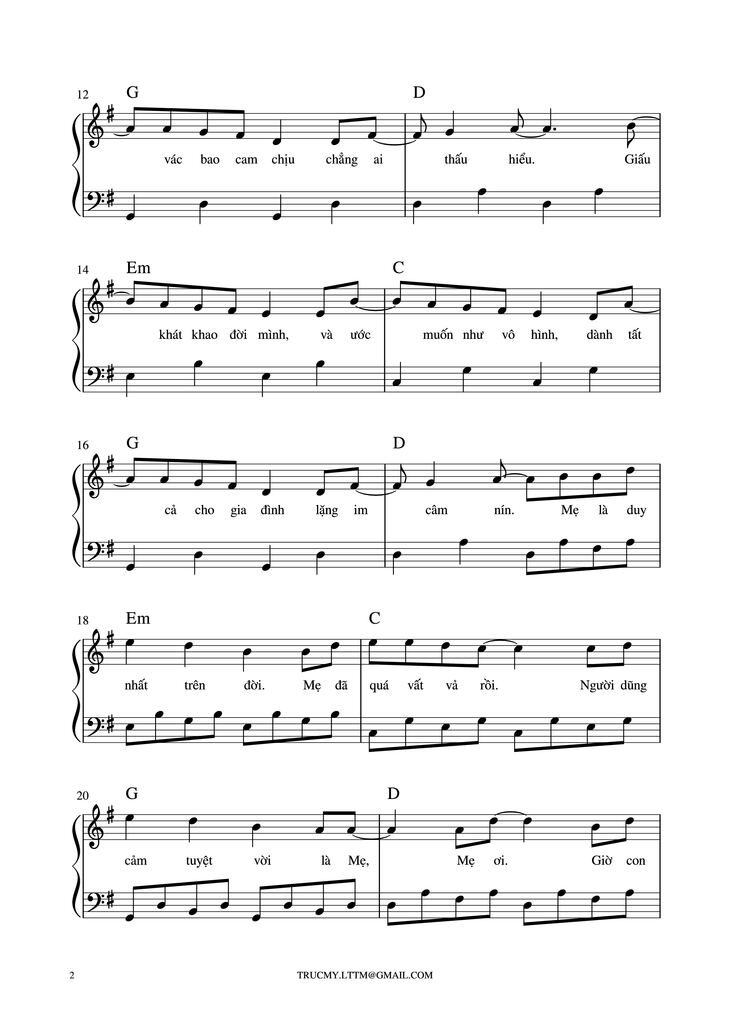 Page 2 of the piano sheet music PDF Piano - Chưa bao giờ mẹ kể Piano by Châu Đăng Khoa