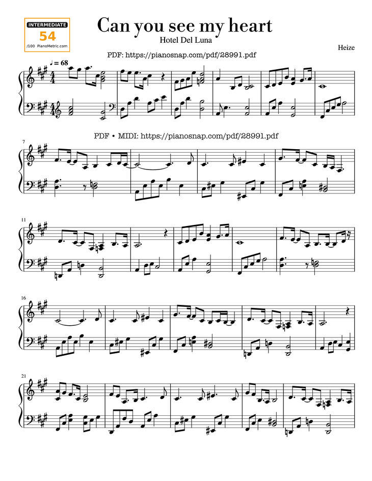 Page 1 of the piano sheet music PDF Piano - Can you see my heart Piano by Heize