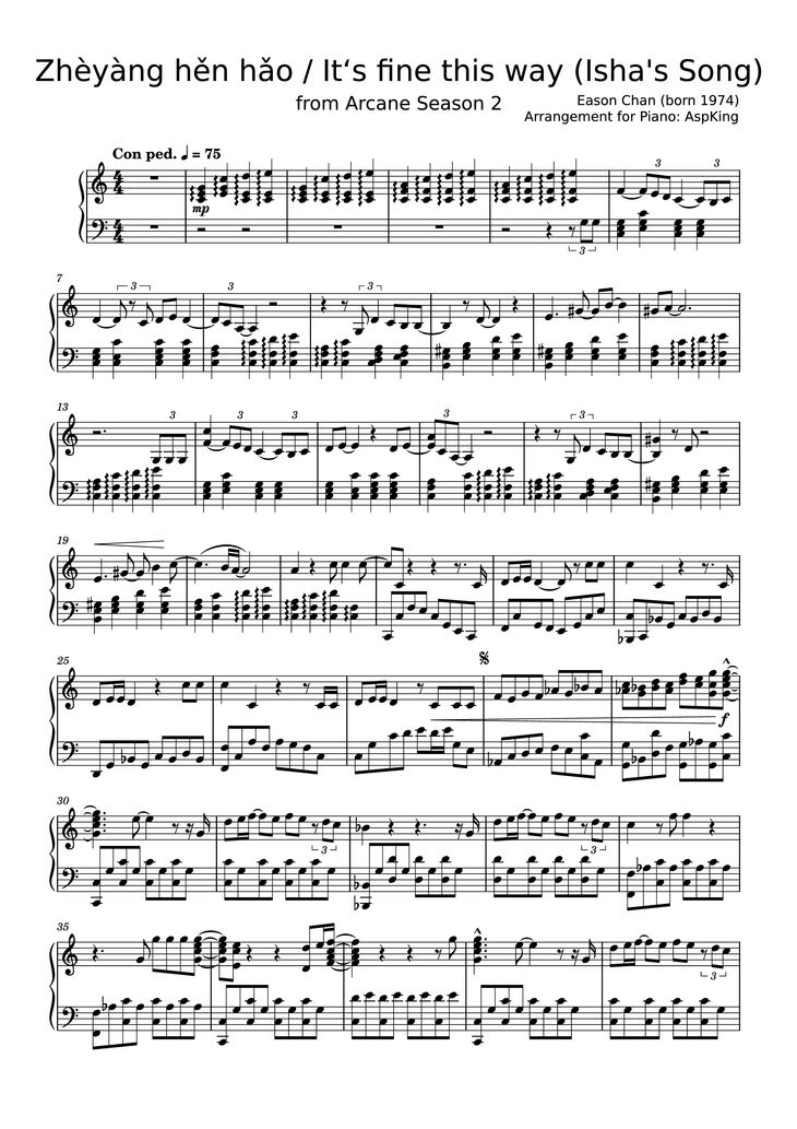 Page 1 of the piano sheet music PDF Piano - Zhèyàng hěn hǎo / It‘s fine this way (Isha