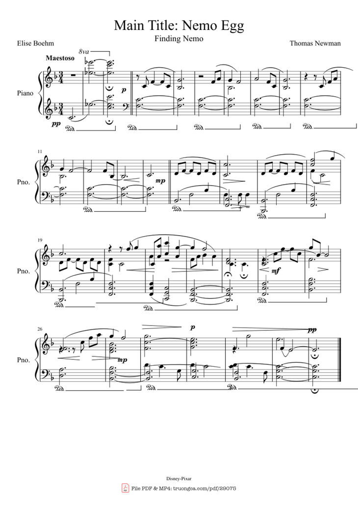 Page 1 of the piano sheet music PDF Piano - Main Title: Nemo Egg Piano by Thomas Newman