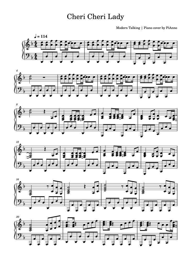 Page 1 of the piano sheet music PDF Piano - Cheri Cheri Lady Piano by Modern Talking