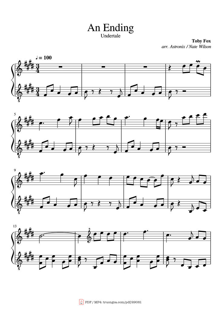 Page 1 of the piano sheet music PDF Piano - An Ending Piano by Toby Fox