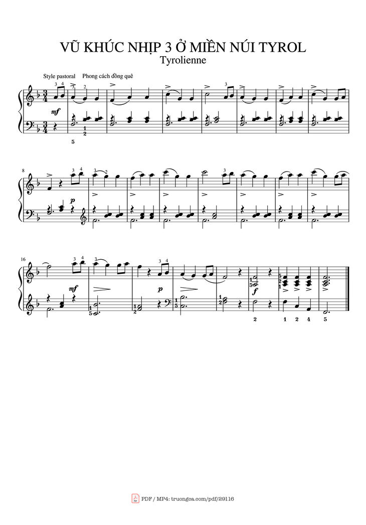 Page 1 of the piano sheet music PDF Piano - Vũ khúc nhịp 3 ở miền núi TYROL Piano by Methode Rose