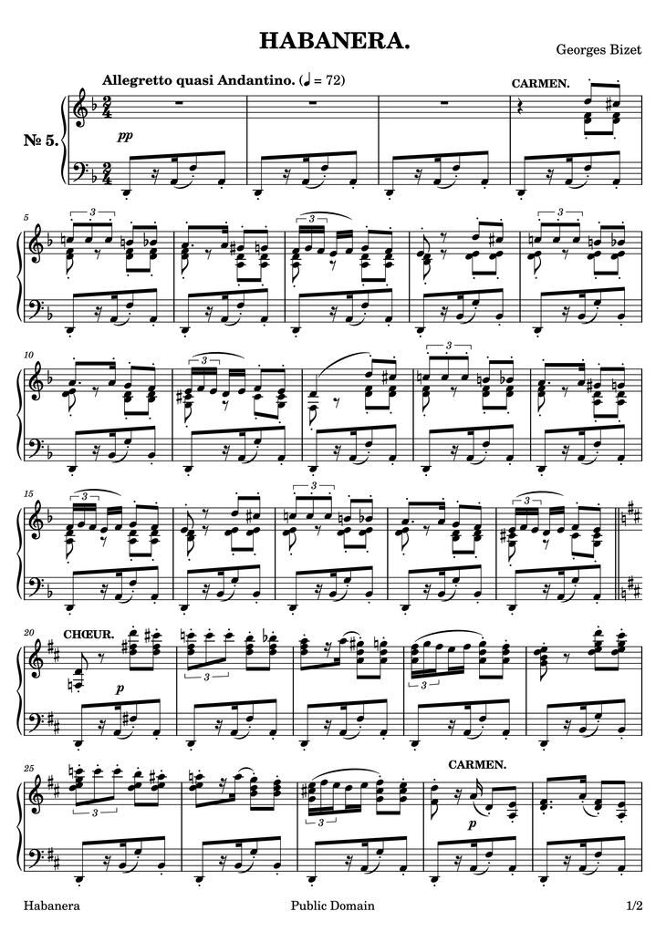 Page 1 of the piano sheet music PDF Piano - HABANERA. Piano by Georges Bizet