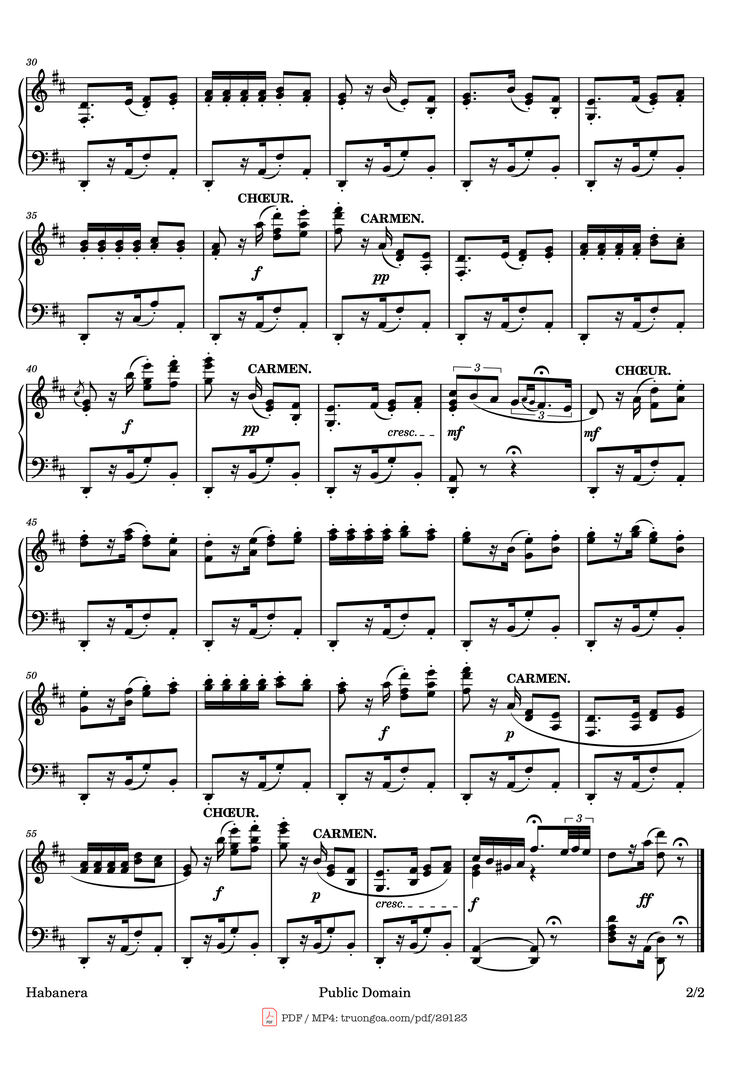 Page 2 of the piano sheet music PDF Piano - HABANERA. Piano by Georges Bizet