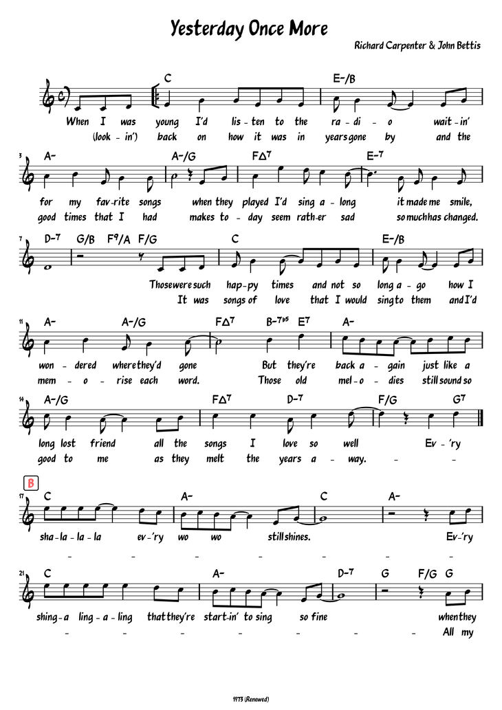 Page 1 of the piano sheet music PDF - Yesterday Once More by Richard Carpenter