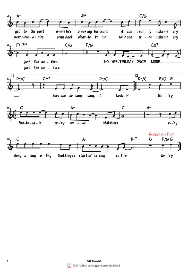 Page 2 of the piano sheet music PDF - Yesterday Once More by Richard Carpenter
