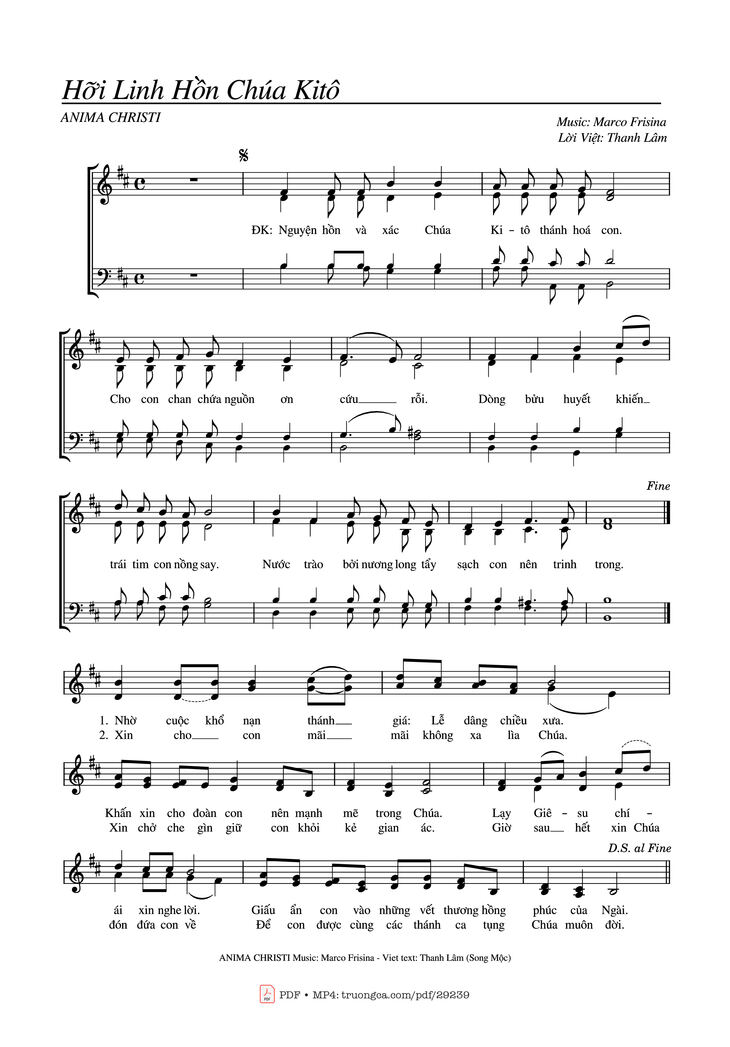 Page 1 of the piano sheet music PDF Piano - Hỡi Linh Hồn Chúa Kitô (Anima Christi), 4 bè by Marco Frisina
