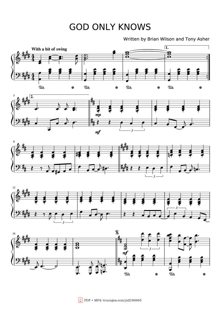 Page 1 of the piano sheet music PDF - GOD ONLY KNOWS Piano by Written by Brian Wilson and Tony Asher