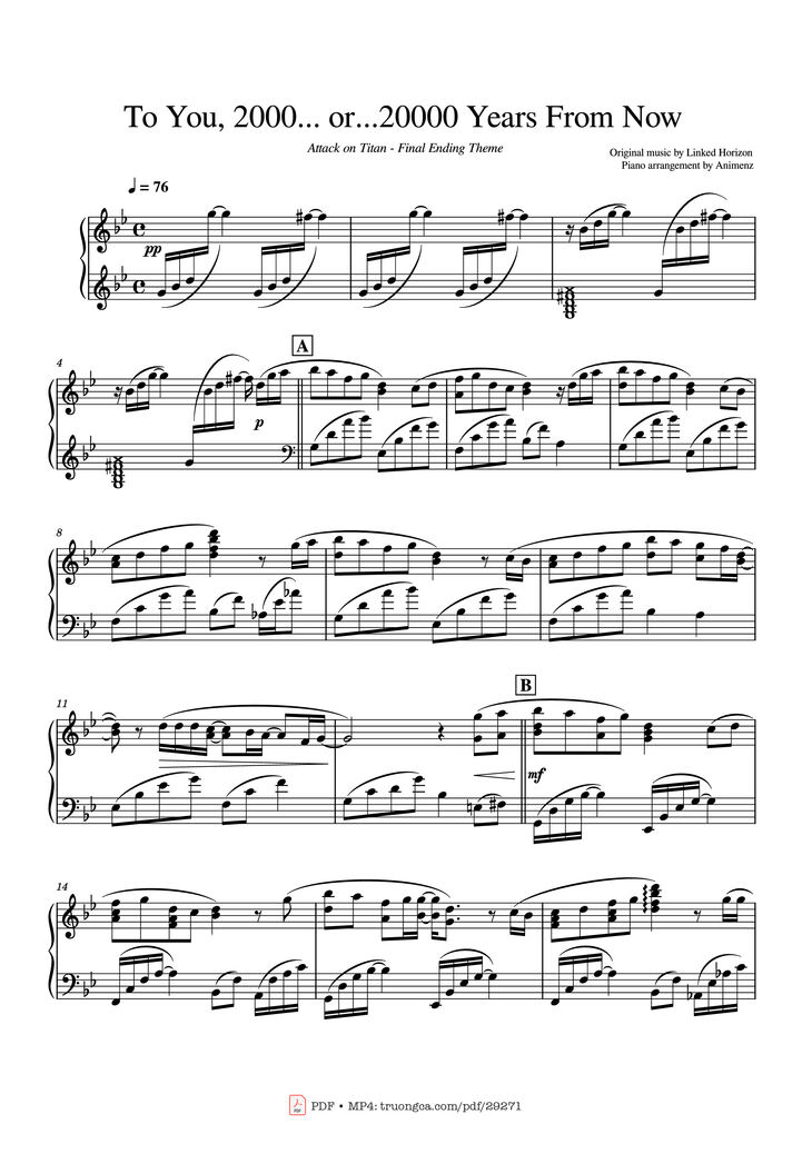 Page 1 of the piano sheet music PDF Piano - To You, 2000... or...20000 Years From Now Piano by Original music by Linked Horizon