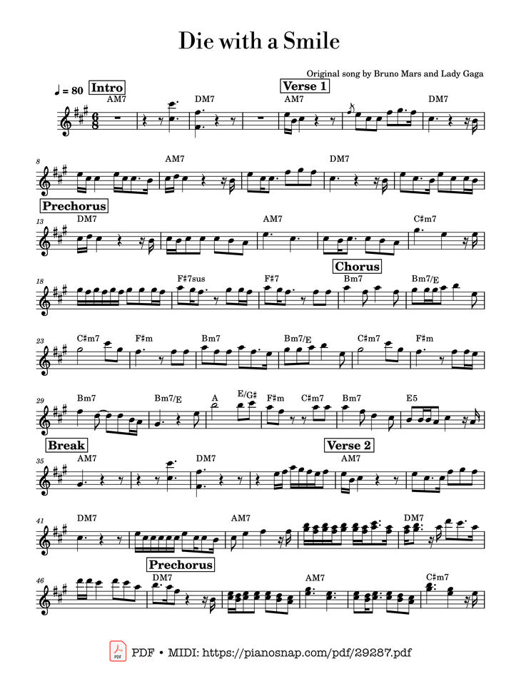 Page 1 of the piano sheet music PDF - Die with a Smile Violin by Original song by Bruno Mars and Lady Gaga