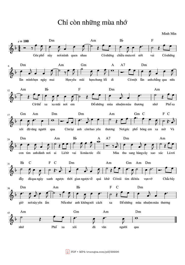 Page 1 of the piano sheet music PDF Piano - Chỉ còn những mùa nhớ Piano by Minh Min