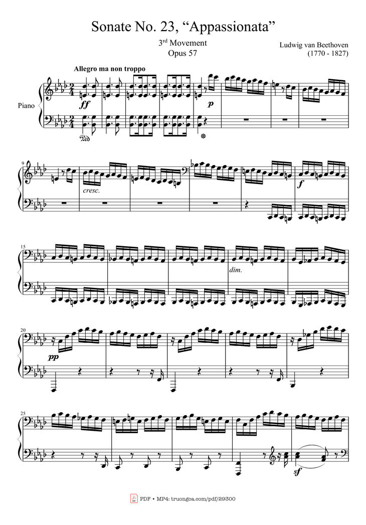 Page 1 of the piano sheet music PDF Piano - Sonate No. 23, Appassionata 3rd Movement by Ludwig van Beethoven