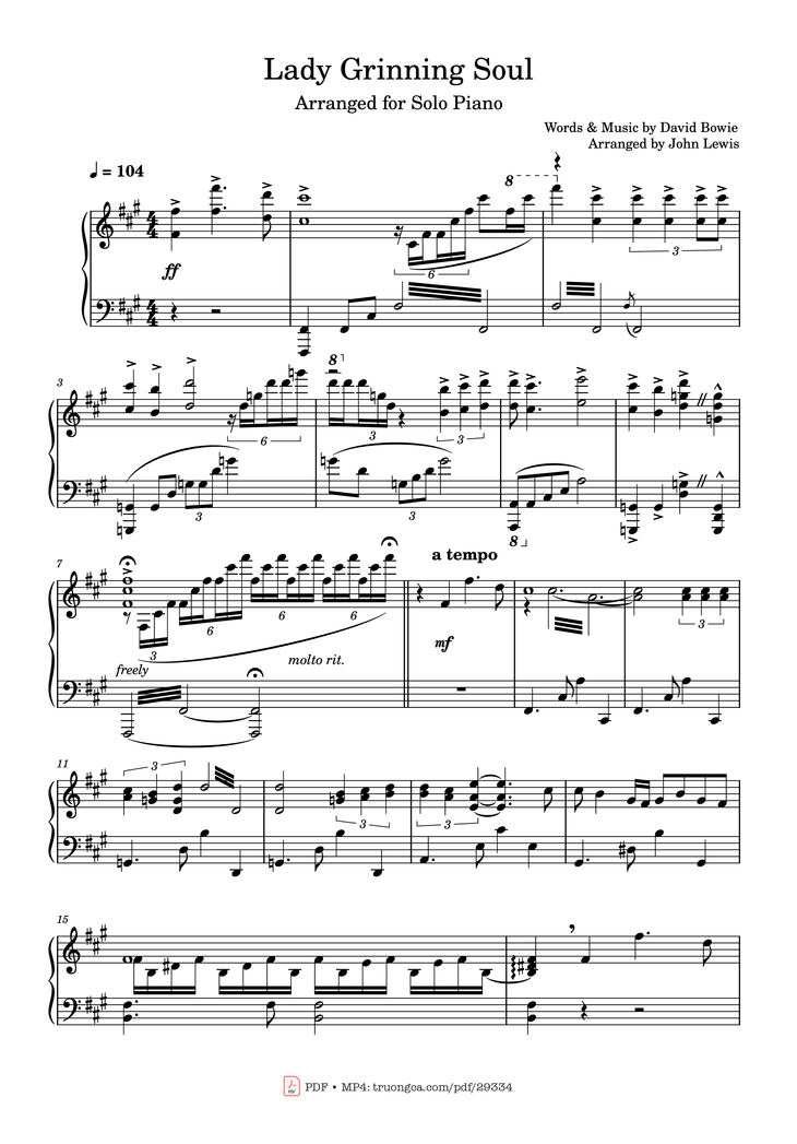 Page 1 of the piano sheet music PDF Piano - Lady Grinning Soul Piano by Words & Music by David Bowie