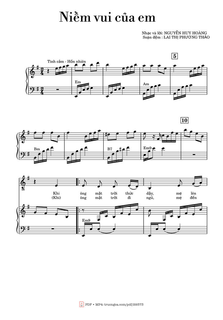 Page 1 of the piano sheet music PDF Piano - Niềm vui của em Piano đệm hát by Nhạc và lời: Nguyễn Huy Hùng
