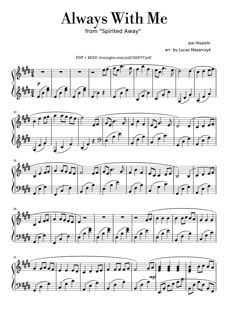 Page 1 of the piano sheet music PDF Piano - Always With Me Piano by Arr. by Lucas Masarczyk