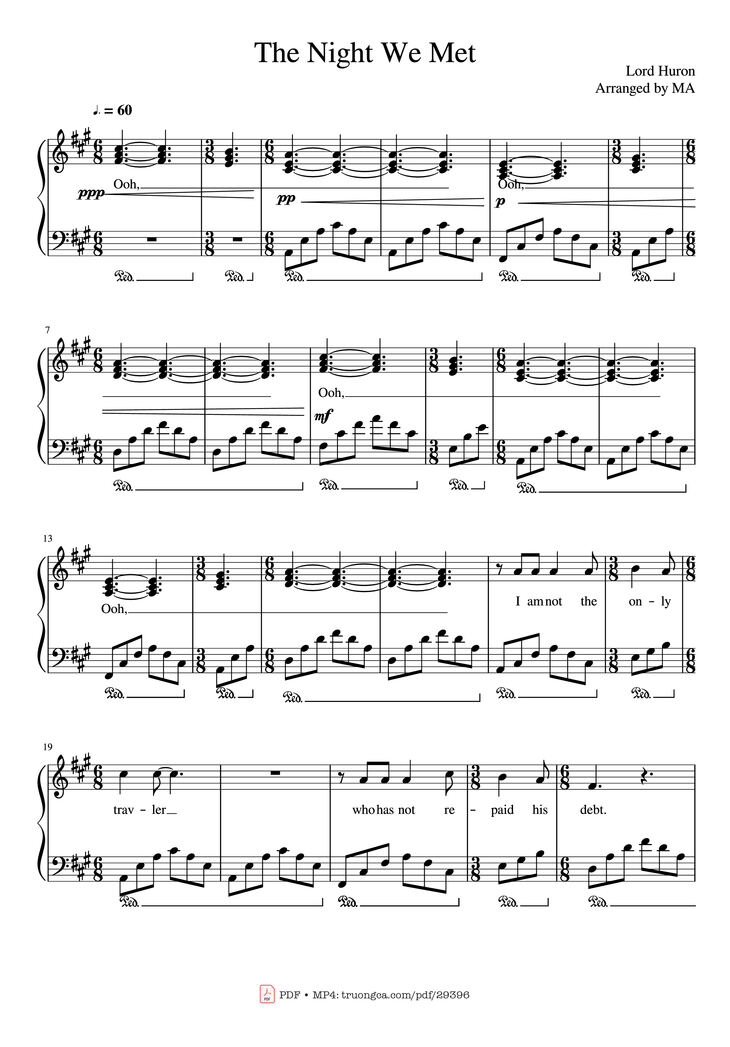 Page 1 of the piano sheet music PDF Piano - The Night We Met Piano by Lord Huron Arranged by MA