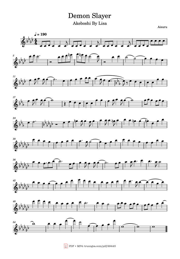 Page 1 of the piano sheet music PDF Piano - Demon Slayer Piano by Aisuru