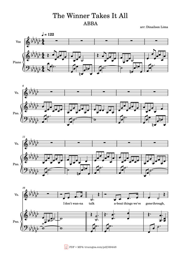 Page 1 of the piano sheet music PDF Piano - The Winner Takes It All Piano by Arr: Dinailson Lima