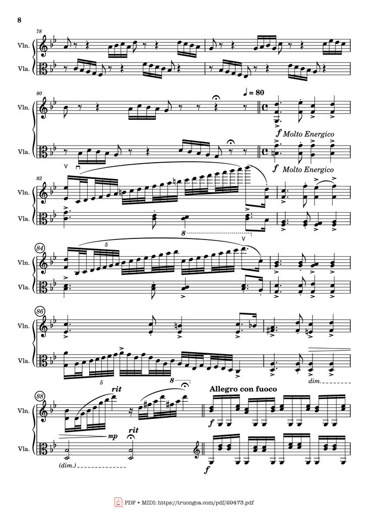 Page 8 of the piano sheet music PDF - Passacaglia for Violin and Viola by Johan Halvorsen