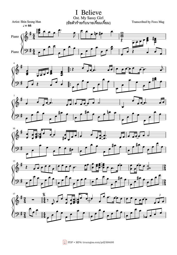 Page 1 of the piano sheet music PDF Piano - I Believe (Ost. My Sassy Girl) Piano by Shin Seung Hun