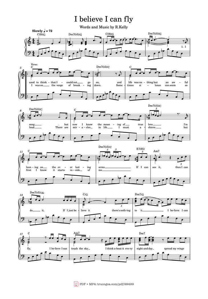 Page 1 of the piano sheet music PDF - I believe I can fly Piano by R. Kelly