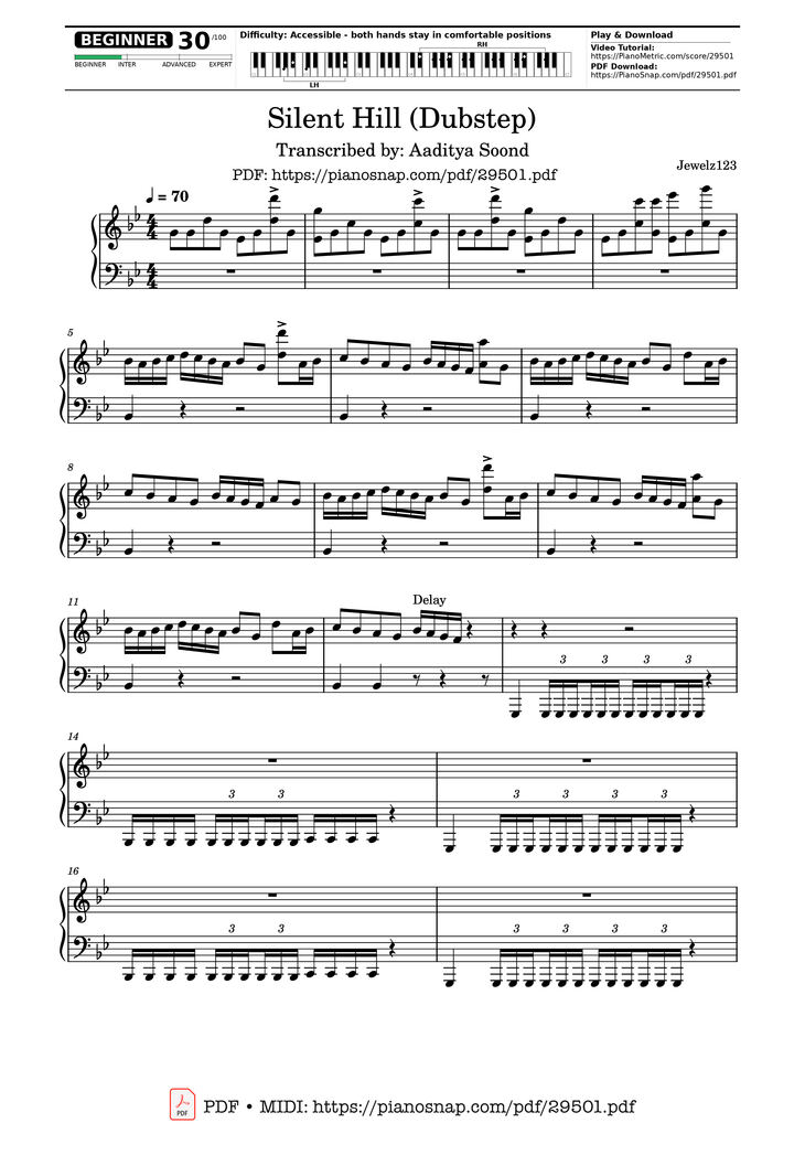Page 1 of the piano sheet music PDF Piano - Silent Hill (Dubstep) Piano by Jewelz123