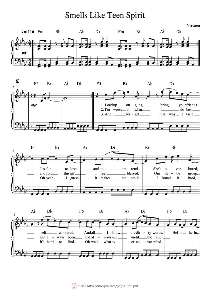 Page 1 of the piano sheet music PDF Piano - Smells Like Teen Spirit Piano by Nirvana