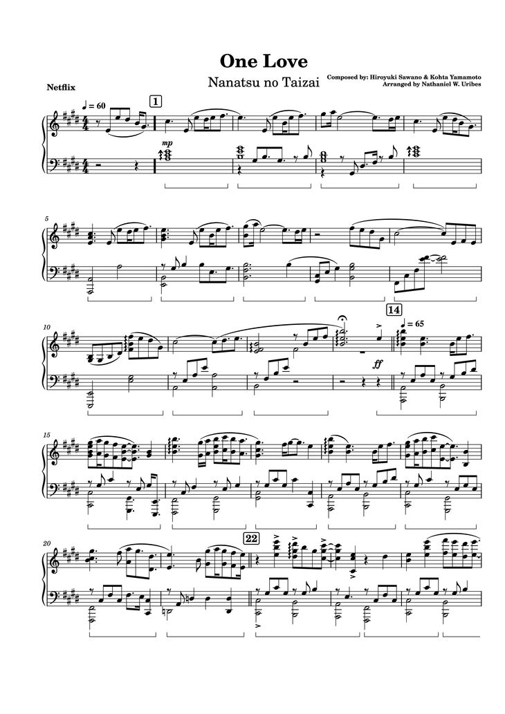 Page 1 of the piano sheet music PDF - One Love Piano by Composed by: Hiroyuki Sawano & Kohta Yamamoto