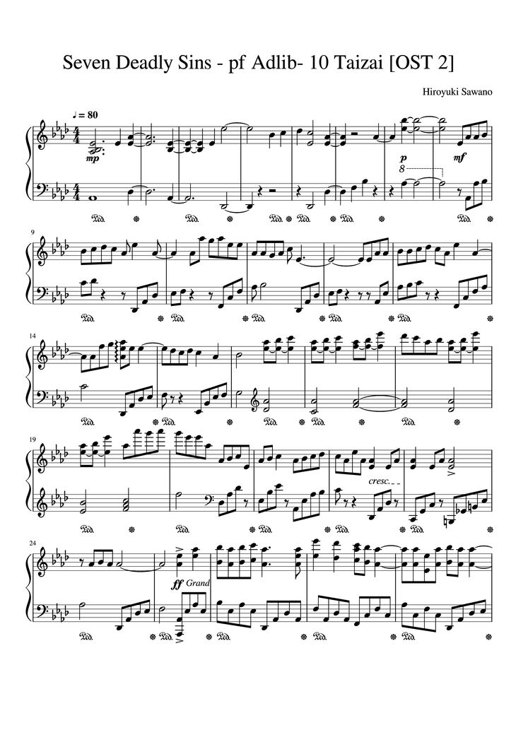 Page 1 of the piano sheet music PDF Piano - Seven Deadly Sins - pf Adlib- 10 Taizai [OST 2] Piano by Hiroyuki Sawano