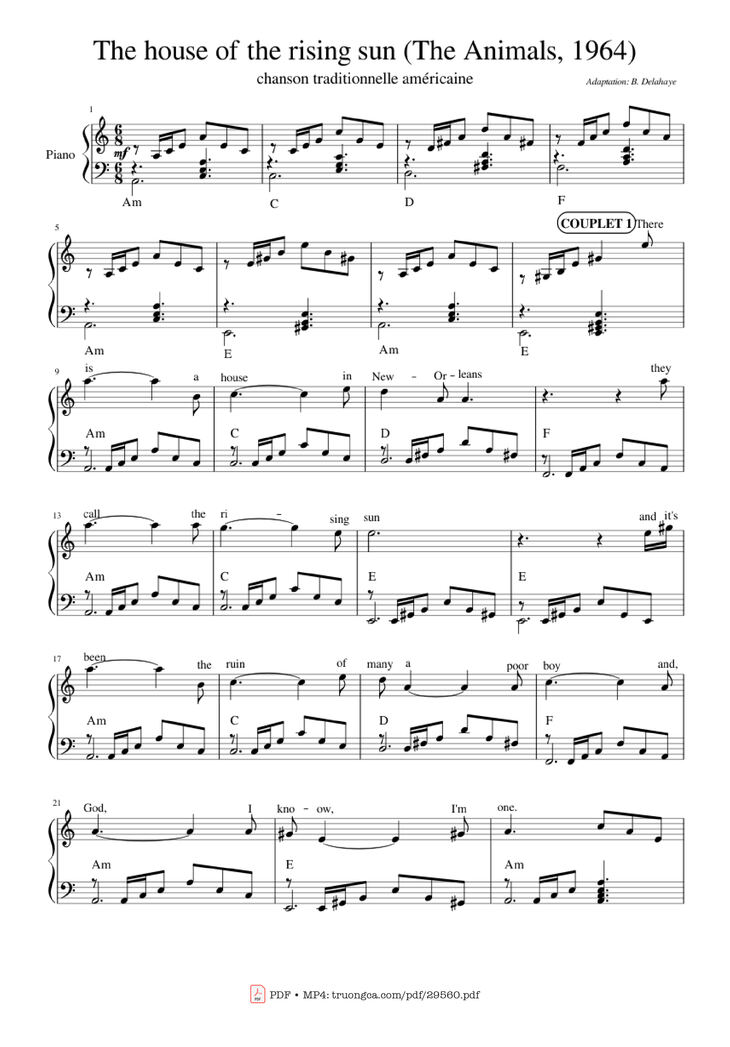 Page 1 of the piano sheet music PDF Piano - The house of the rising sun (The Animals) Piano by Bernard Delahaye