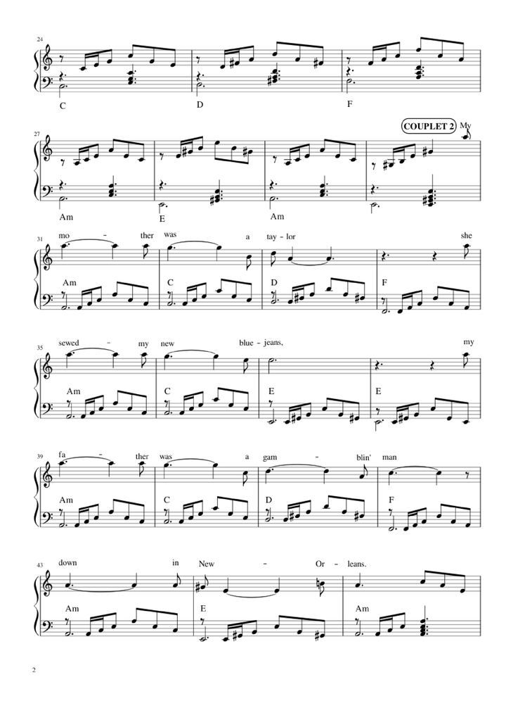Page 2 of the piano sheet music PDF Piano - The house of the rising sun (The Animals) Piano by Bernard Delahaye